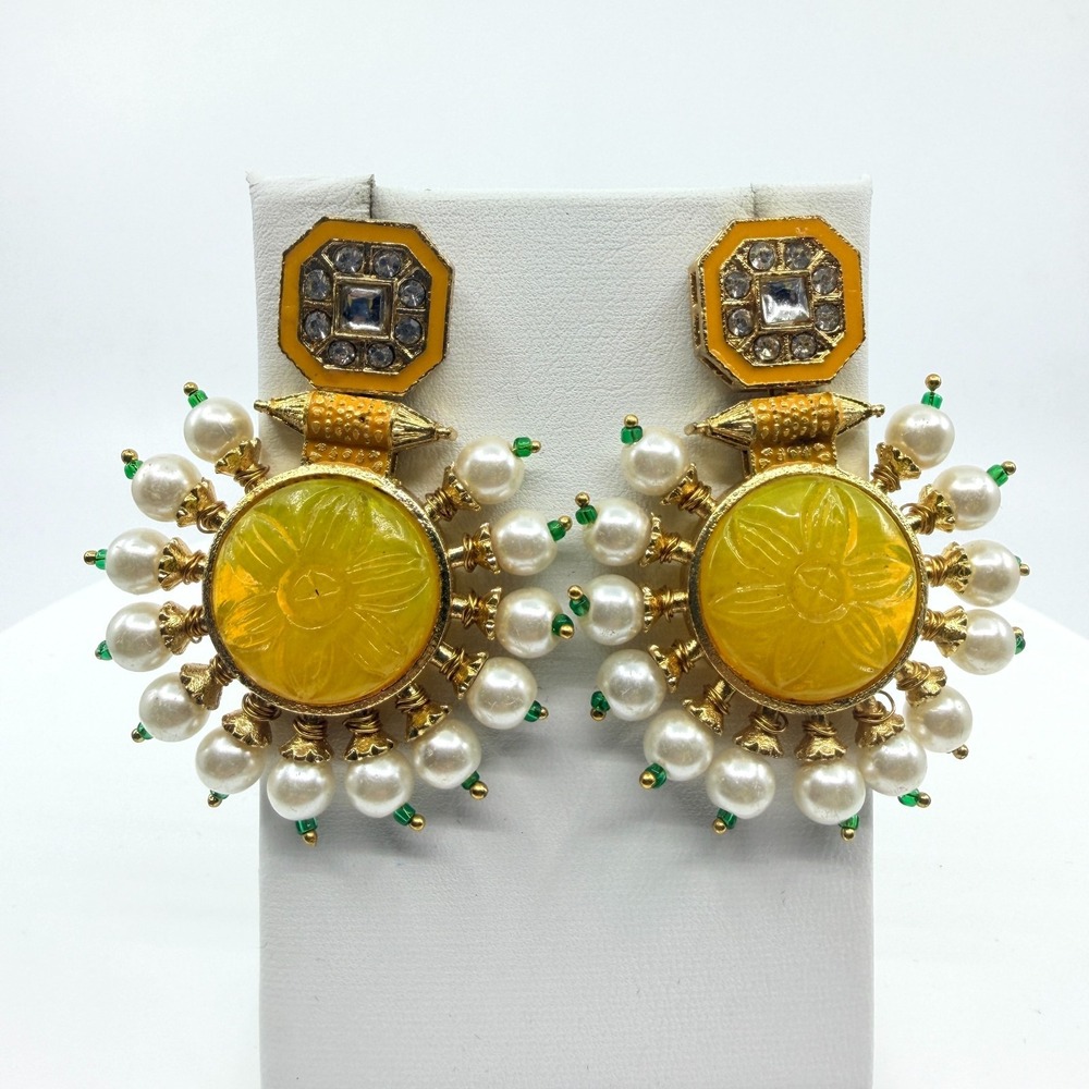 Vintage Bollywood Faux Pearl Yellow Lucite Flower Drop Earrings D9037-06